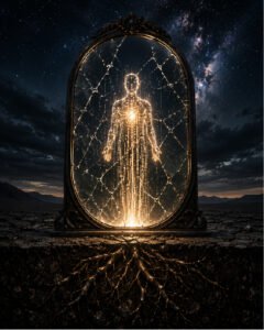 Cracked mirror reflecting a glowing human figure made of light and digital particles beneath a star-filled sky with exposed tree roots below.
