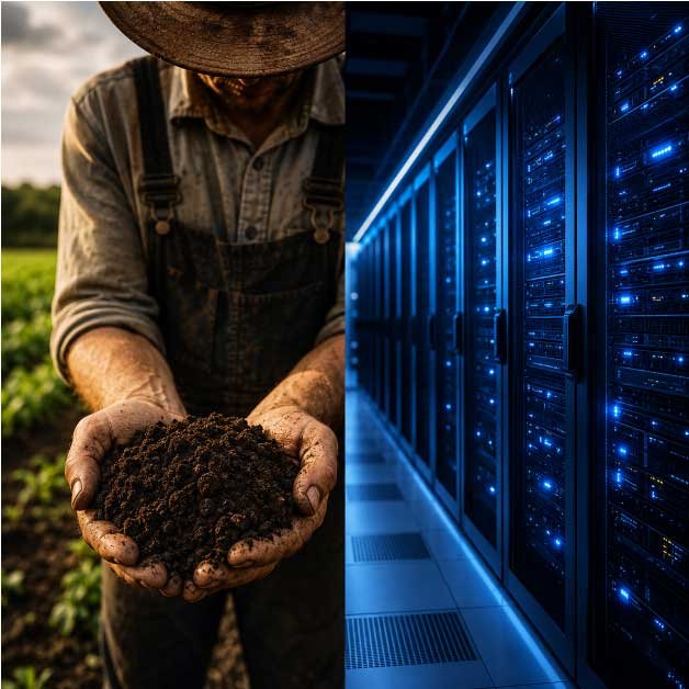 An antique balance scale compares a glowing AI data center on one side with a mound of rich soil and a small seedling on the other, symbolizing the balance between technology and the natural world. AI impact on farmland and water.