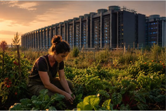 Person tending a thriving vegetable garden with a large AI data center rising in the background at sunset.