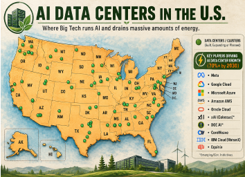 Map of AI datacenters in the U.S. AI impact on farmland and water