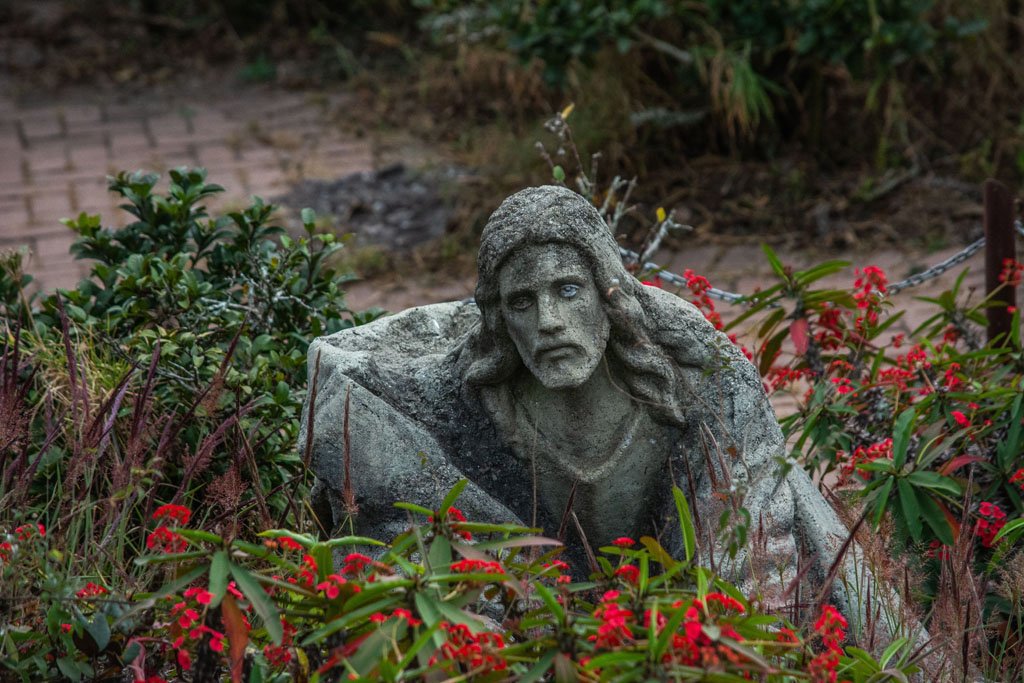 stone statue of Jesus surrounded by red flowers and garden plants. God and Garden
