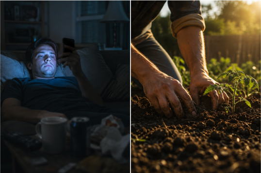 Split-screen photograph contrasting passive consumption and active cultivation. On the left, a person lies on a couch in cool blue light, staring at a smartphone in a dim, cluttered room. On the right, warm sunlight illuminates hands planting a young seedling in rich, dark soil outdoors, symbolizing the contrast between consuming and cultivating.