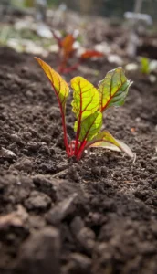 small Swiss chard growing in living soil/