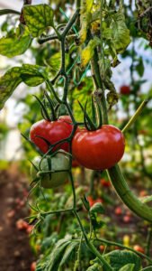 red tomatoes on the vine in a garden growing tomatoes